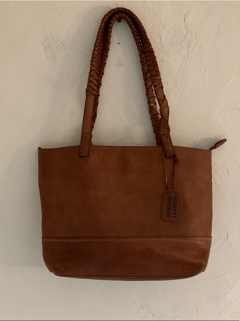 Boho Genuine Leather Tote Bag with Braided Handles Brown